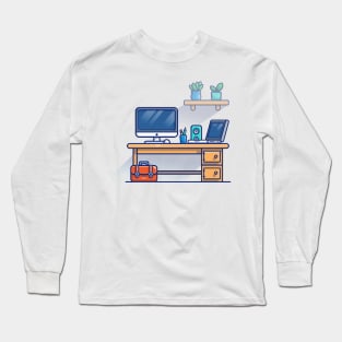 Desk, Monitor, Mouse, Stationary, Laptop, Speaker, Workbag And Plants Cartoon Long Sleeve T-Shirt